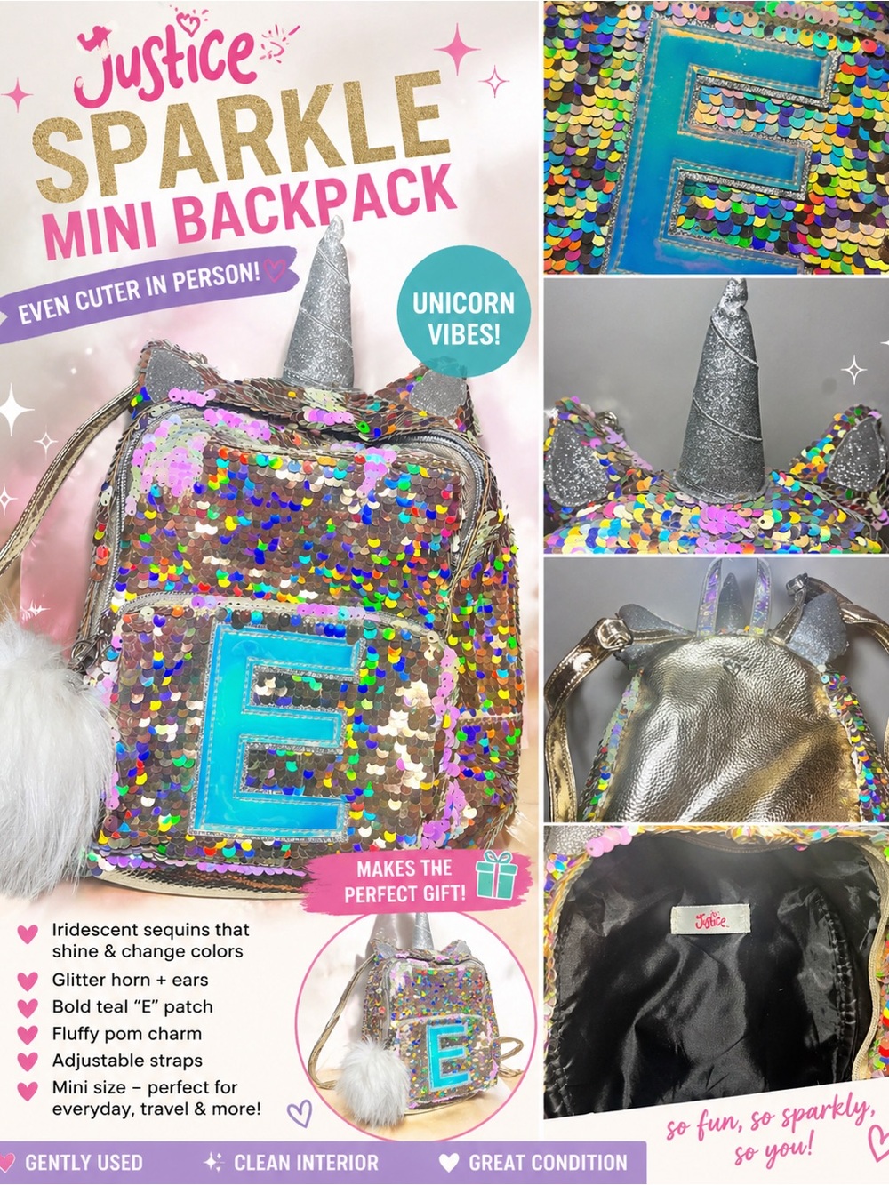 Justice Iridescent/gold Sequin Unicorn “E” Mini Backpack